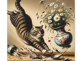 A canvas art depicting a striped cat in mid-leap, knocking over a vase filled with daisies, with water and flowers splashing out onto the surface.