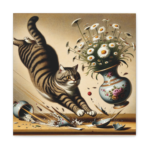 A canvas art depicting a striped cat in mid-leap, knocking over a vase filled with daisies, with water and flowers splashing out onto the surface.
