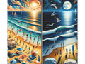 This canvas art displays a vibrant diptych contrasting a sunny beach scene with active beachgoers and sailboats during the day on the left, with a tranquil nighttime seascape featuring flying birds under a moonlit sky on the right.
