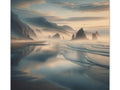 A canvas art depicting a serene beach landscape with misty sea stacks reflected on wet sand during a tranquil sunset.