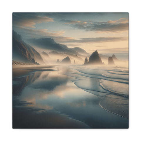 A canvas art depicting a serene beach landscape with misty sea stacks reflected on wet sand during a tranquil sunset.