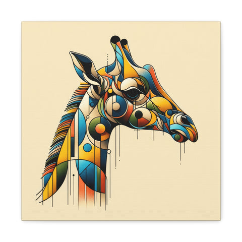 A canvas art of a stylized, colorful giraffe head with abstract and geometric elements against a cream background.