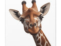 A realistic painting of a giraffe's head and neck looking forward with expressive eyes on a square canvas.