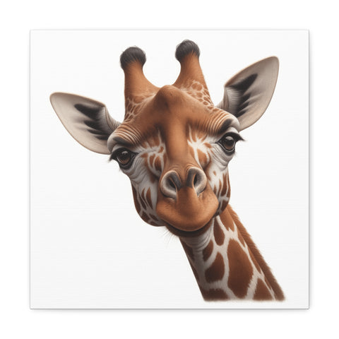 A realistic painting of a giraffe's head and neck looking forward with expressive eyes on a square canvas.