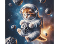 A whimsical canvas art piece featuring an orange kitten in an astronaut suit floating in space among asteroids.