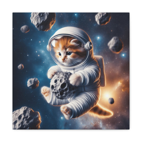 A whimsical canvas art piece featuring an orange kitten in an astronaut suit floating in space among asteroids.