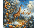 A vibrant canvas art featuring surreal imagery of giraffes walking among geometric shapes and cogwheels, with a background merging nature with mechanical elements.