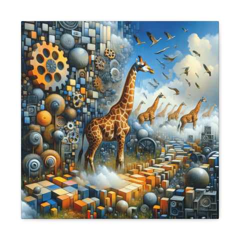 A vibrant canvas art featuring surreal imagery of giraffes walking among geometric shapes and cogwheels, with a background merging nature with mechanical elements.