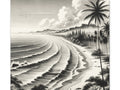 A monochromatic canvas art featuring a tranquil beach scene with rhythmic waves, lush palm trees, and billowing clouds in a detailed black and white palette.