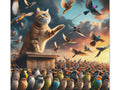 A canvas art depicting an imaginative scene where an orange cat, standing on a wooden platform, conducts a whimsical orchestra of variously colored birds in flight against a dramatic sky.