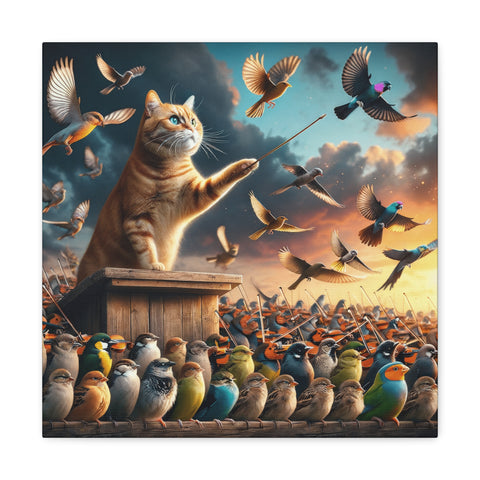 A canvas art depicting an imaginative scene where an orange cat, standing on a wooden platform, conducts a whimsical orchestra of variously colored birds in flight against a dramatic sky.