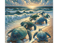 A canvas art piece featuring stylized sea turtles on a sandy shore with intricate patterns, approaching rolling waves under a starry sky.