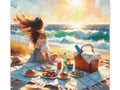 A canvas art piece depicting a person with flowing hair enjoying a seaside picnic with a basket and various dishes against a backdrop of the sun glistening on ocean waves.