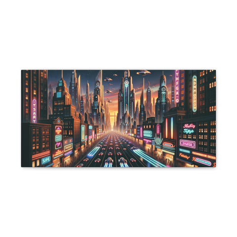 A vibrant canvas art piece depicting a neon-lit futuristic cityscape with skyscrapers and busy, light-streaked streets.