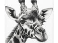 A black and white hyper-realistic illustration of a giraffe's head and upper neck on a square canvas with a plain background.