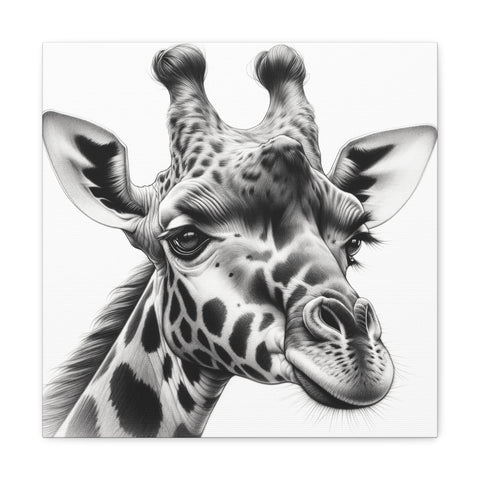 A black and white hyper-realistic illustration of a giraffe's head and upper neck on a square canvas with a plain background.