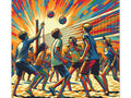 A vibrant canvas art piece depicting a dynamic scene of people playing beach volleyball with a stylized, colorful backdrop suggesting sunlight.