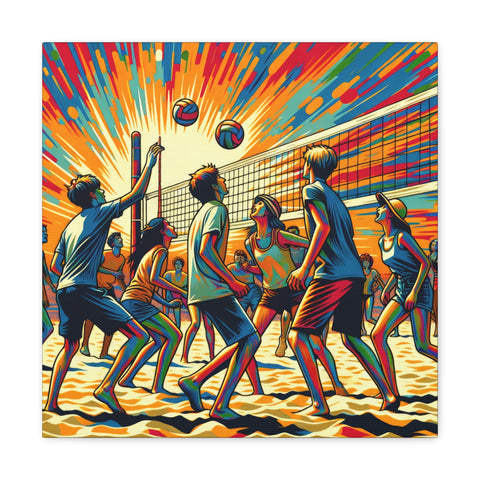 A vibrant canvas art piece depicting a dynamic scene of people playing beach volleyball with a stylized, colorful backdrop suggesting sunlight.