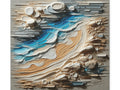 An abstract canvas art piece with a three-dimensional design featuring flowing layers of beige, blue, and white, accented with circular elements that create a dynamic, textured seascape.