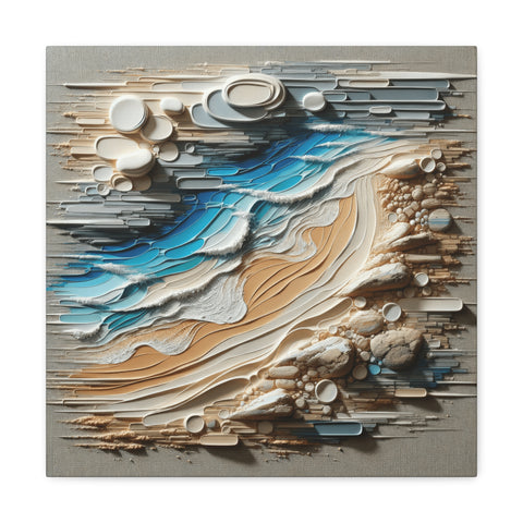 An abstract canvas art piece with a three-dimensional design featuring flowing layers of beige, blue, and white, accented with circular elements that create a dynamic, textured seascape.