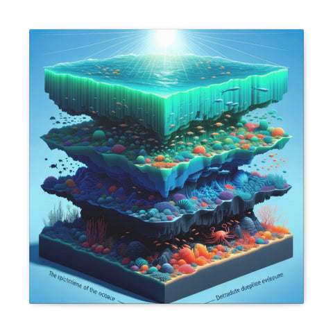 A canvas depicting a surreal, layered representation of an ocean ecosystem, with vibrant coral and marine life illustrations under a geometrically segmented water surface highlighted by a radiant sunbeam.