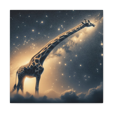 A surreal canvas art depicting a giraffe with an elongated neck reaching up towards a starry night sky, surrounded by clouds and a cosmic glow.