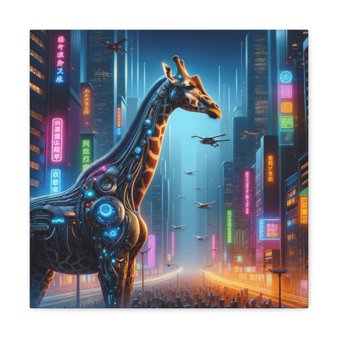 A canvas art piece depicting a cybernetic giraffe in a futuristic cityscape with neon signs and flying vehicles.