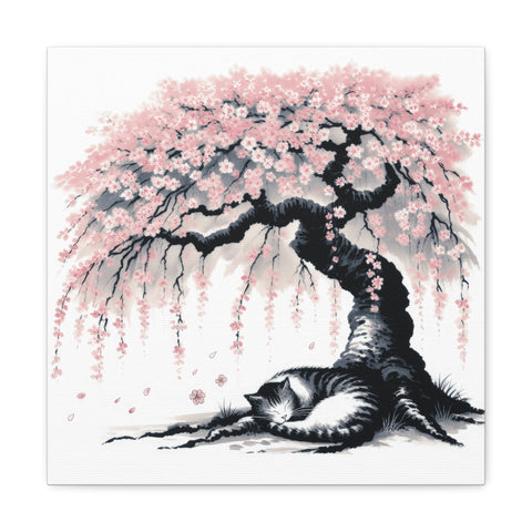A canvas art depicting a black and white cat peacefully sleeping under a blossoming pink cherry tree with petals gently falling around it.