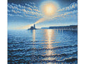 A canvas depicting a serene seascape with a glowing sun setting over the water, creating a dazzling reflection, while silhouettes of distant land and a lighthouse emerge on the horizon.