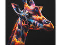A vibrant canvas art piece featuring a cosmic-themed giraffe with stars and nebulas painted across its neck and face against a black background.