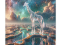 A canvas depicting a surreal scene with a transparent giraffe overlaid on a cosmic backdrop with winding pathways and reflective water surfaces.