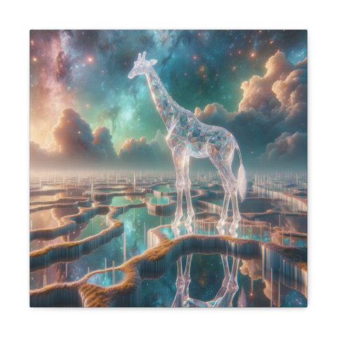 A canvas depicting a surreal scene with a transparent giraffe overlaid on a cosmic backdrop with winding pathways and reflective water surfaces.