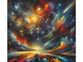 A vibrant canvas art piece depicting an explosive cosmic scene with vivid clouds, celestial bodies, and a glowing atom-like structure at the center.