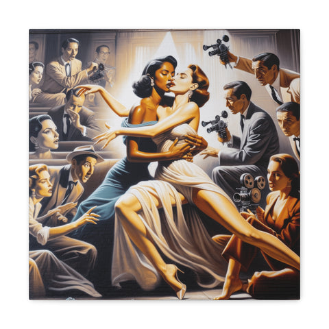 An elegant canvas art piece depicting a glamorous vintage dance scene with a central couple in a passionate embrace surrounded by onlookers and musicians in monochromatic tones.