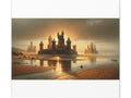 A canvas art depicting a majestic castle at sunrise, with its reflection shimmering on the water's surface amidst a tranquil sandy landscape.