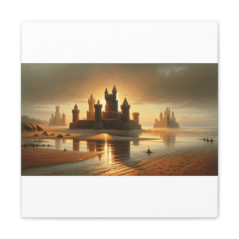 A canvas art depicting a majestic castle at sunrise, with its reflection shimmering on the water's surface amidst a tranquil sandy landscape.
