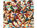 An expressive canvas art piece depicting a vibrant and dynamic scene of stylized figures running with flowing hair and garments, against a geometric backdrop suggesting movement and energy.