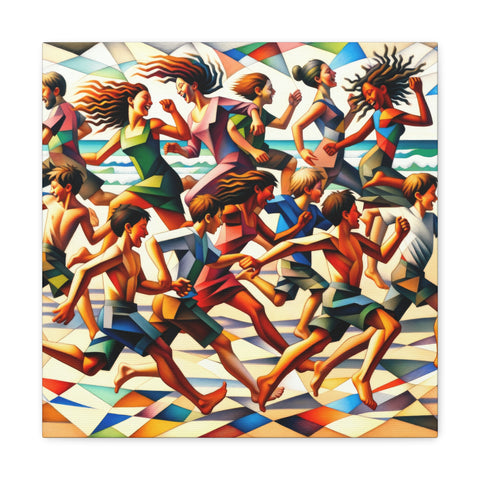 An expressive canvas art piece depicting a vibrant and dynamic scene of stylized figures running with flowing hair and garments, against a geometric backdrop suggesting movement and energy.