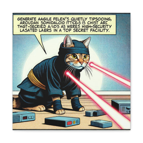 A canvas art piece featuring a cartoon anthropomorphic cat in a ninja costume shooting red laser beams from its eyes at electronic devices, with comic-style captions above.