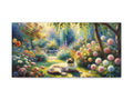 A canvas art depicting an idyllic garden scene with lush foliage, vibrant flowers, and a serene cat lounging amidst the natural beauty under a canopy of trees.