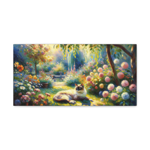A canvas art depicting an idyllic garden scene with lush foliage, vibrant flowers, and a serene cat lounging amidst the natural beauty under a canopy of trees.