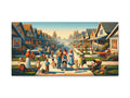 A canvas depicting a vibrant, nostalgic scene of a suburban neighborhood with residents of various ages engaging in everyday outdoor activities along a tree-lined street.