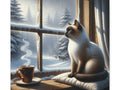 A canvas art depicting a serene winter scene with a Siamese cat sitting on a cushion beside a steaming cup, looking out a window at a snowy landscape with pine trees and a bench.
