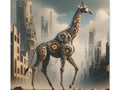 A canvas art depicting a mechanical giraffe with intricate gears and mechanical parts, standing against an industrial city backdrop under a muted sky.
