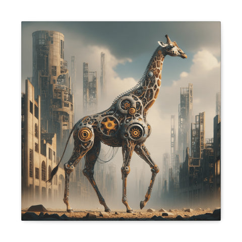 A canvas art depicting a mechanical giraffe with intricate gears and mechanical parts, standing against an industrial city backdrop under a muted sky.