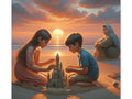 A canvas depicting two children building a sandcastle on a beach at sunset, with an elderly woman watching over them and a serene ocean backdrop.