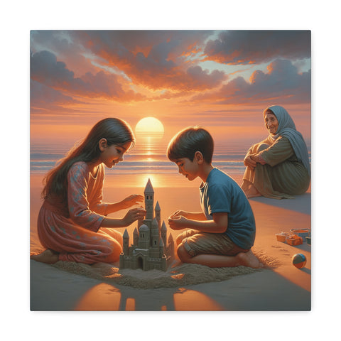 A canvas depicting two children building a sandcastle on a beach at sunset, with an elderly woman watching over them and a serene ocean backdrop.