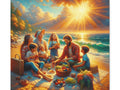 A canvas art depicting a joyful family having a picnic on the beach with the golden sun setting over the sea, casting a warm glow on their faces.