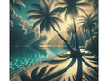 A canvas art depicting a serene tropical scene with palm trees, clouds, and a reflective body of water, all rendered in a monochromatic teal and black color scheme.
