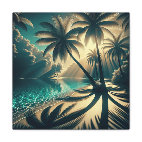 A canvas art depicting a serene tropical scene with palm trees, clouds, and a reflective body of water, all rendered in a monochromatic teal and black color scheme.